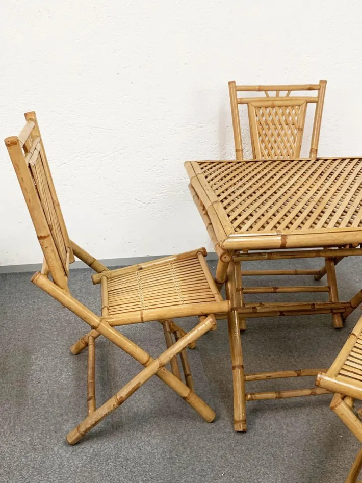 Pamono Mid-Century Italian Bamboo and Rattan Foldable Table and Four Chairs, 1960s, Set of 5 Discount