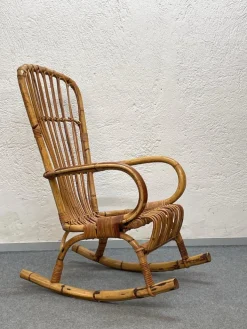 Pamono Mid-Century Italian French Riviera Rattan & Bamboo Rocking Chair, 1960s Sale