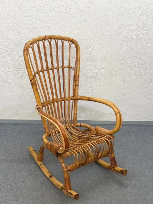 Pamono Mid-Century Italian French Riviera Rattan & Bamboo Rocking Chair, 1960s Sale