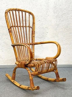 Pamono Mid-Century Italian French Riviera Rattan & Bamboo Rocking Chair, 1960s Sale