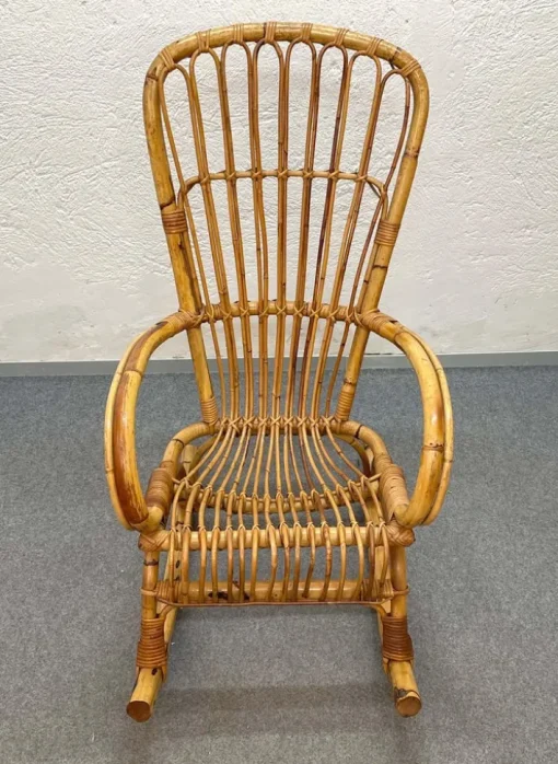 Pamono Mid-Century Italian French Riviera Rattan & Bamboo Rocking Chair, 1960s Sale