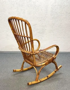 Pamono Mid-Century Italian French Riviera Rattan & Bamboo Rocking Chair, 1960s Sale