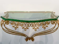 Pamono Mid-Century Italian Green Crystal Gold Iron Console Table by Pier Luigi Colli, 1950 Clearance