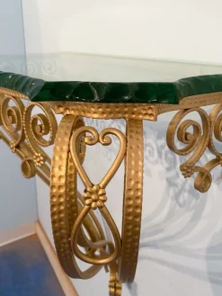 Pamono Mid-Century Italian Green Crystal Gold Iron Console Table by Pier Luigi Colli, 1950 Clearance