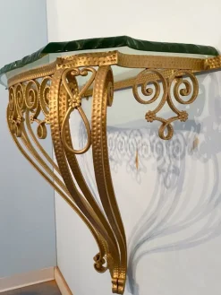 Pamono Mid-Century Italian Green Crystal Gold Iron Console Table by Pier Luigi Colli, 1950 Clearance