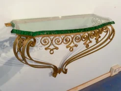 Pamono Mid-Century Italian Green Crystal Gold Iron Console Table by Pier Luigi Colli, 1950 Clearance