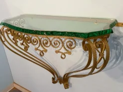 Pamono Mid-Century Italian Green Crystal Gold Iron Console Table by Pier Luigi Colli, 1950 Clearance