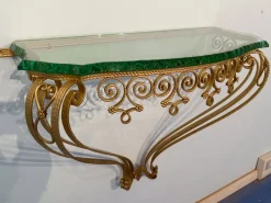 Pamono Mid-Century Italian Green Crystal Gold Iron Console Table by Pier Luigi Colli, 1950 Clearance