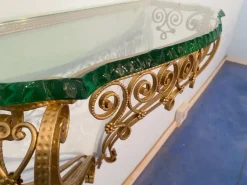 Pamono Mid-Century Italian Green Crystal Gold Iron Console Table by Pier Luigi Colli, 1950 Clearance