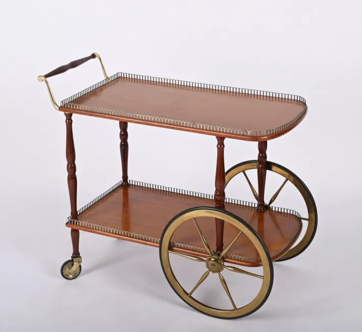 Pamono Mid-Century Italian Mahogany and Brass Serving Bar Cart, 1960s Online