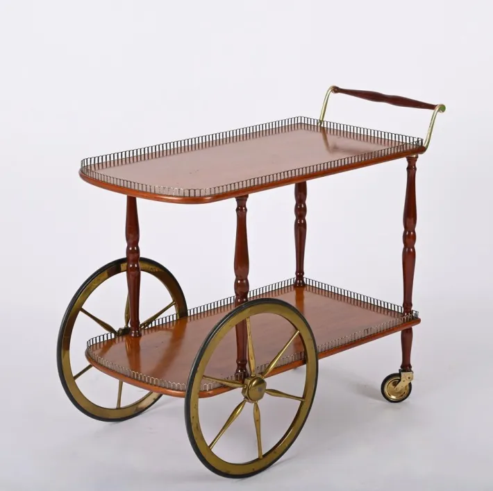 Pamono Mid-Century Italian Mahogany and Brass Serving Bar Cart, 1960s Online