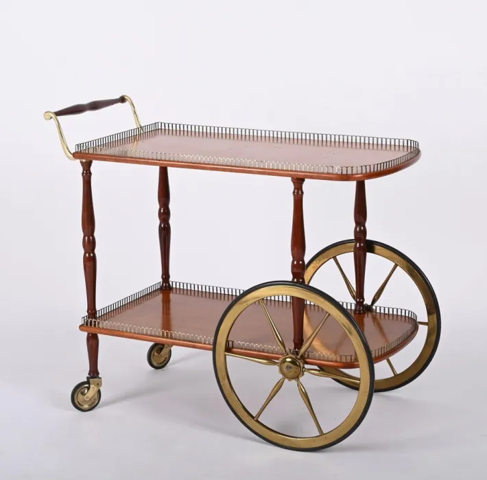 Pamono Mid-Century Italian Mahogany and Brass Serving Bar Cart, 1960s Online
