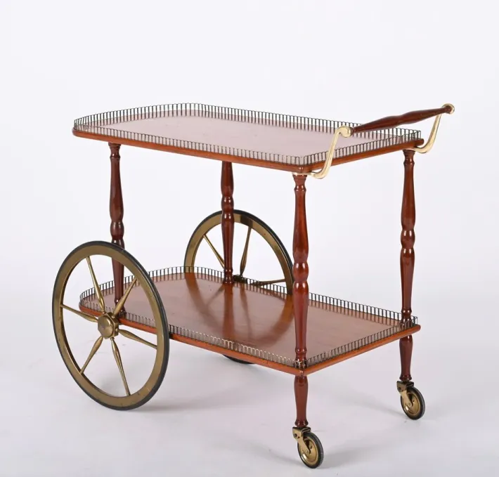 Pamono Mid-Century Italian Mahogany and Brass Serving Bar Cart, 1960s Online