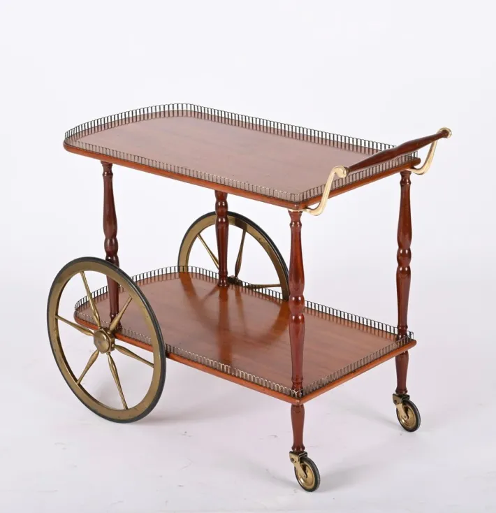 Pamono Mid-Century Italian Mahogany and Brass Serving Bar Cart, 1960s Online