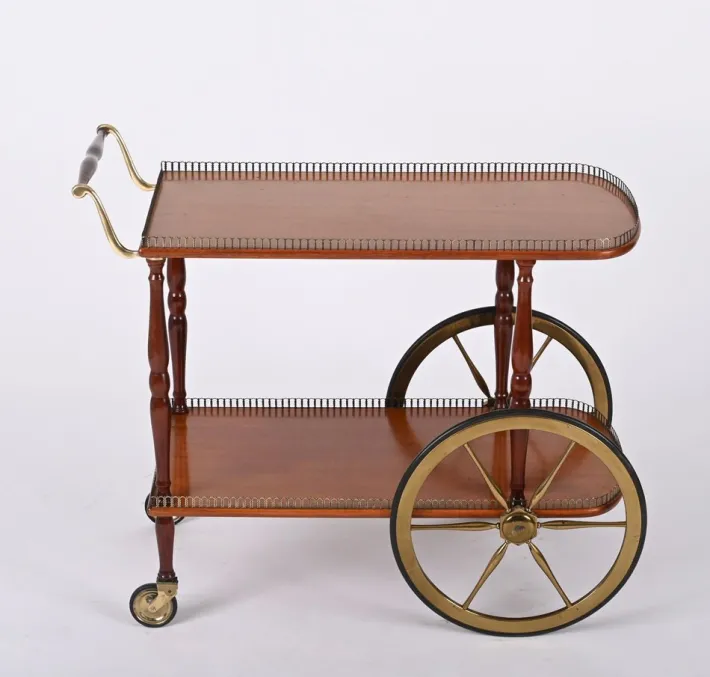 Pamono Mid-Century Italian Mahogany and Brass Serving Bar Cart, 1960s Online
