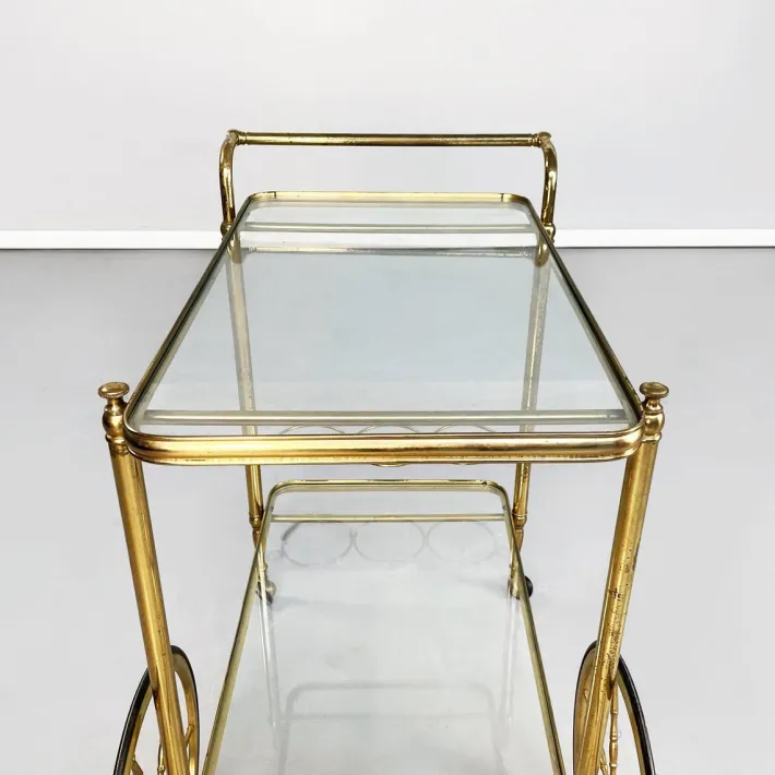 Pamono Mid-Century Italian Modern Bar Cart in Brass & Glass, 1950s