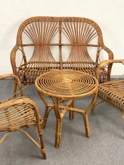 Pamono Mid-Century Italian Rattan & Bamboo Sofa, Armchairs & Coffee Table, 1960s, Set of 4 Sale