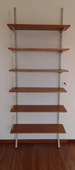 Pamono Mid-Century Minimalist Bookcase with Adjustable Shelves in Yellow-Brown Wood and Book Supports for White Painted Iron Frame from Sparrings Clearance