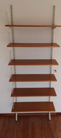 Pamono Mid-Century Minimalist Bookcase with Adjustable Shelves in Yellow-Brown Wood and Book Supports for White Painted Iron Frame from Sparrings Clearance