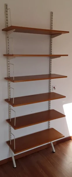 Pamono Mid-Century Minimalist Bookcase with Adjustable Shelves in Yellow-Brown Wood and Book Supports for White Painted Iron Frame from Sparrings Clearance