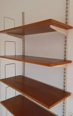 Pamono Mid-Century Minimalist Bookcase with Adjustable Shelves in Yellow-Brown Wood and Book Supports for White Painted Iron Frame from Sparrings Clearance