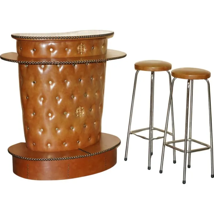 Pamono Mid-Century Modern Clad Home Cocktail Bar and Stools, Set of 3 Discount