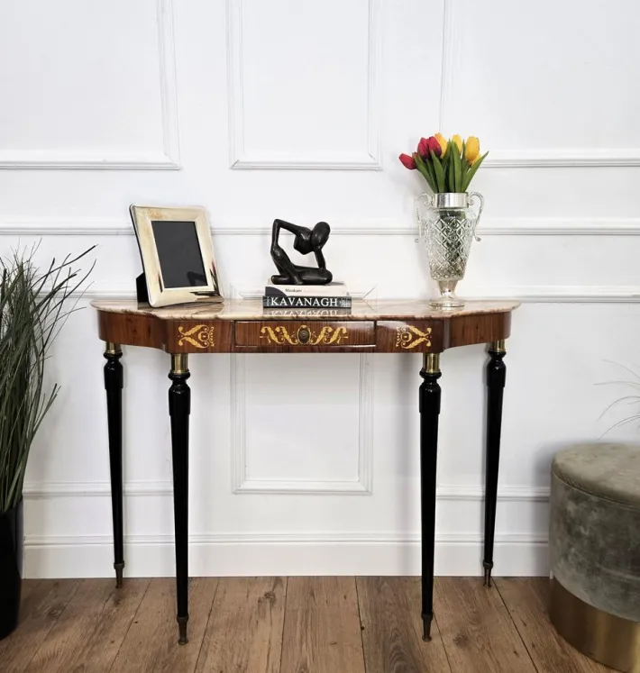 Pamono Mid-Century Modern Italian Black Wood and Brass Console Table with Marble Top, 1950s Outlet