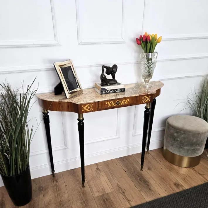 Pamono Mid-Century Modern Italian Black Wood and Brass Console Table with Marble Top, 1950s Outlet