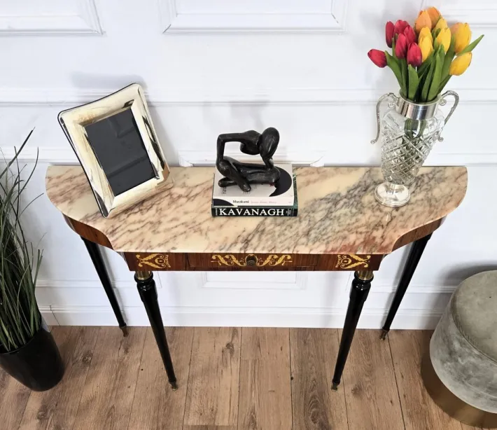 Pamono Mid-Century Modern Italian Black Wood and Brass Console Table with Marble Top, 1950s Outlet