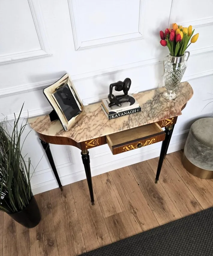 Pamono Mid-Century Modern Italian Black Wood and Brass Console Table with Marble Top, 1950s Outlet