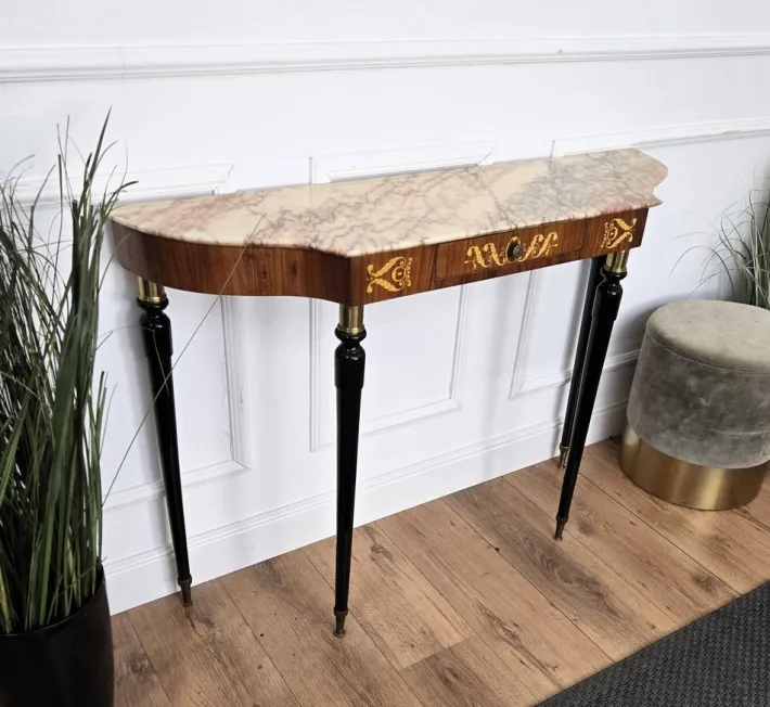 Pamono Mid-Century Modern Italian Black Wood and Brass Console Table with Marble Top, 1950s Outlet