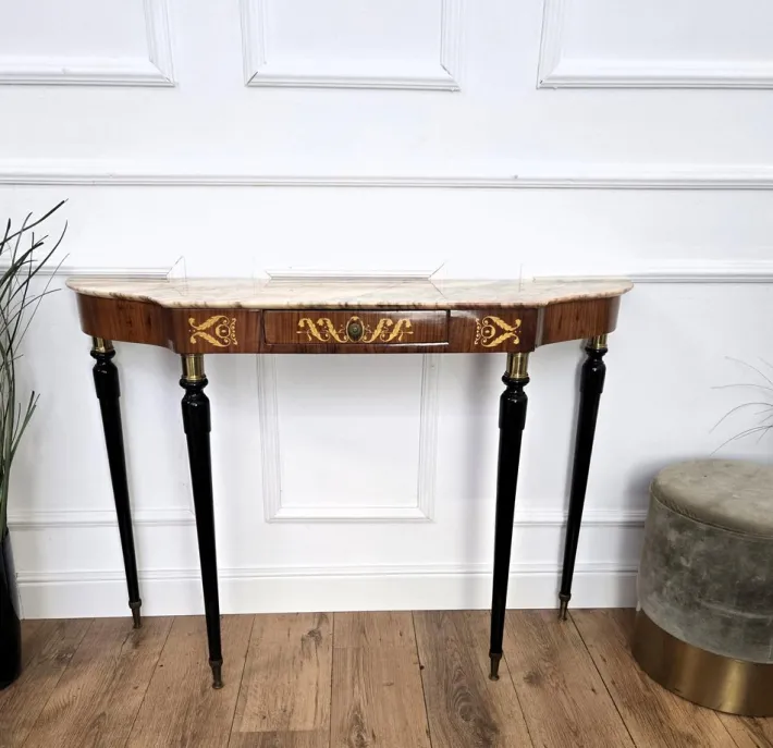 Pamono Mid-Century Modern Italian Black Wood and Brass Console Table with Marble Top, 1950s Outlet