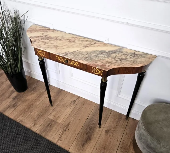 Pamono Mid-Century Modern Italian Black Wood and Brass Console Table with Marble Top, 1950s Outlet