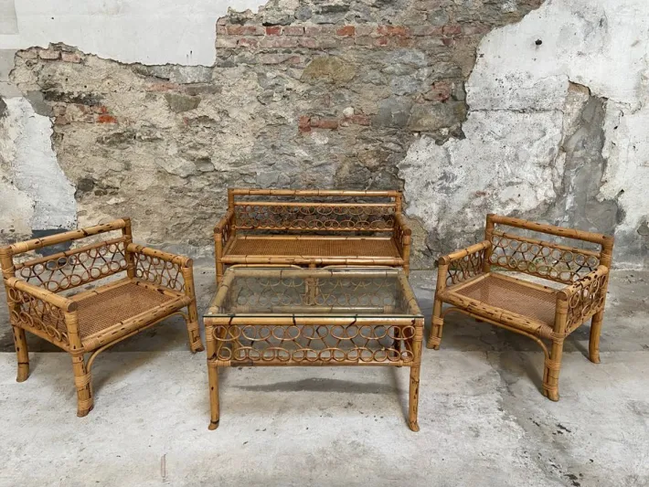 Pamono Mid-Century Modern Italian Bamboo Living Room Set with Vienna Straw Seat, 1970s, Set of 4 Hot