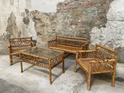 Pamono Mid-Century Modern Italian Bamboo Living Room Set with Vienna Straw Seat, 1970s, Set of 4 Hot