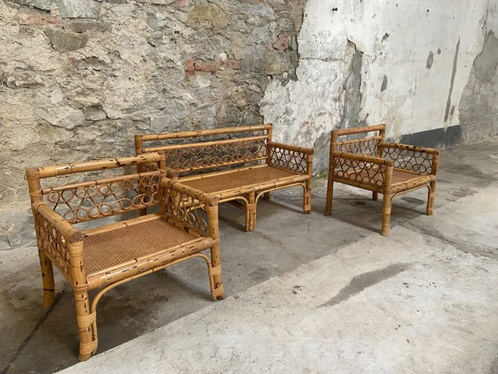 Pamono Mid-Century Modern Italian Bamboo Living Room Set with Vienna Straw Seat, 1970s, Set of 4 Hot