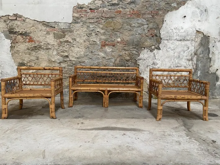 Pamono Mid-Century Modern Italian Bamboo Living Room Set with Vienna Straw Seat, 1970s, Set of 4 Hot