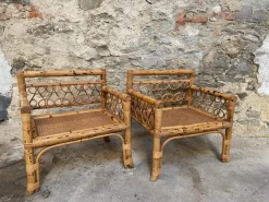 Pamono Mid-Century Modern Italian Bamboo Living Room Set with Vienna Straw Seat, 1970s, Set of 4 Hot