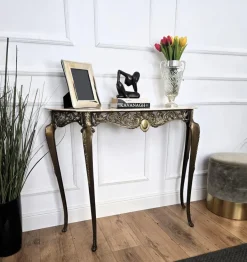 Pamono Mid-Century Modern Italian Brass Demilune Console Table with Marble Top, 1950s Outlet