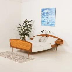 Pamono Mid-Century Modern Scandinavian Queen Size Bed with Nightstands and Lamp, 1950s Clearance