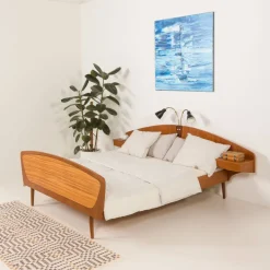 Pamono Mid-Century Modern Scandinavian Queen Size Bed with Nightstands and Lamp, 1950s Clearance