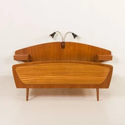 Pamono Mid-Century Modern Scandinavian Queen Size Bed with Nightstands and Lamp, 1950s Clearance