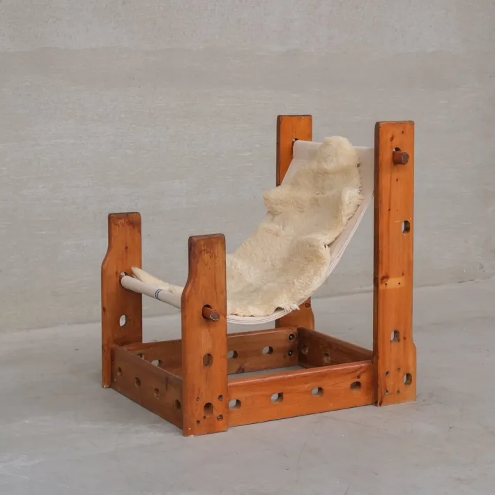 Pamono Mid-Century Modern Spanish Wood and Canvas Sling Chair, 1970s New
