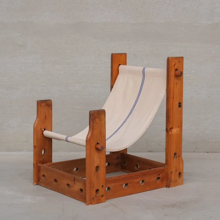 Pamono Mid-Century Modern Spanish Wood and Canvas Sling Chair, 1970s New
