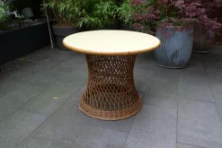 Pamono Mid-Century Round Bamboo and Wicker Garden Table with Yellow Top Discount