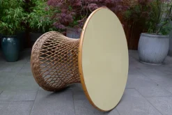 Pamono Mid-Century Round Bamboo and Wicker Garden Table with Yellow Top Discount