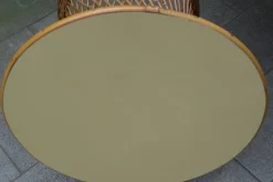Pamono Mid-Century Round Bamboo and Wicker Garden Table with Yellow Top Discount