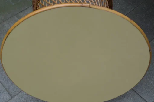 Pamono Mid-Century Round Bamboo and Wicker Garden Table with Yellow Top Discount