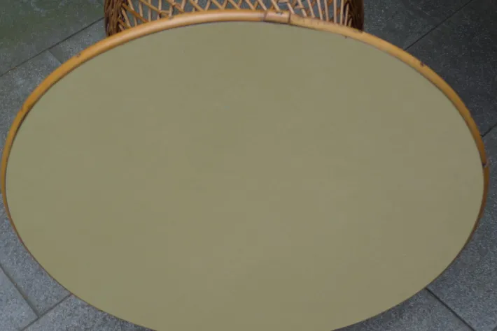 Pamono Mid-Century Round Bamboo and Wicker Garden Table with Yellow Top Discount