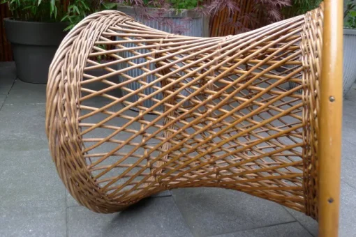 Pamono Mid-Century Round Bamboo and Wicker Garden Table with Yellow Top Discount